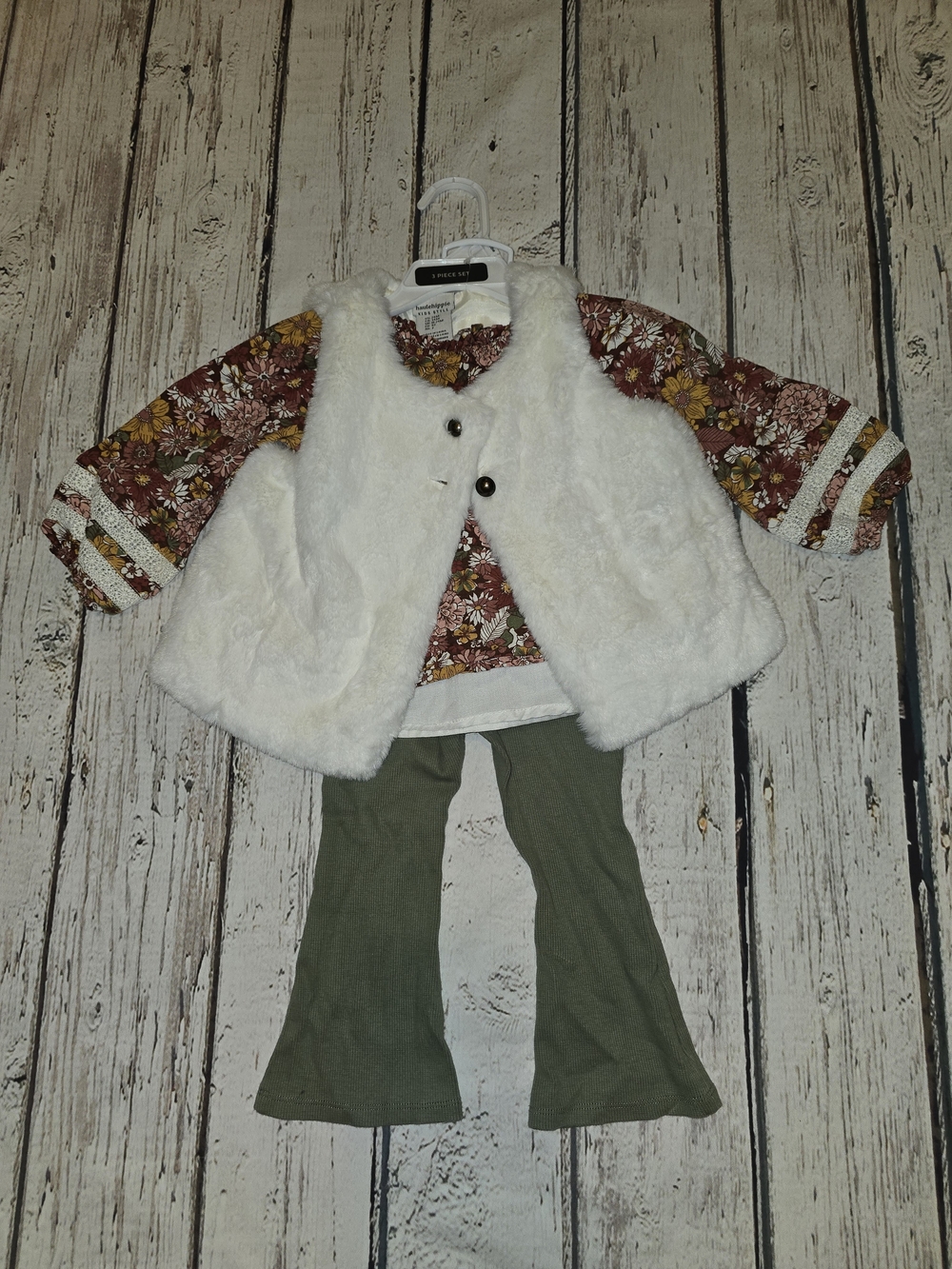 Haute Hippie White Faux Fur Vest with Rust Floral Top 3 Piece Set